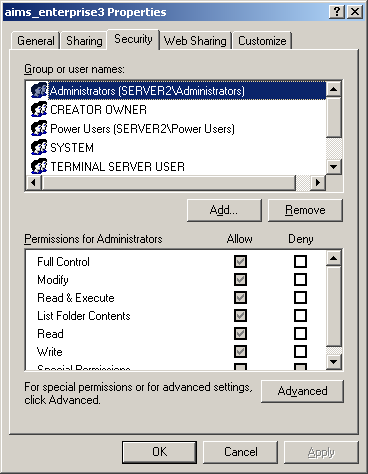 Securities tab of Properties window where you can assign various permissions